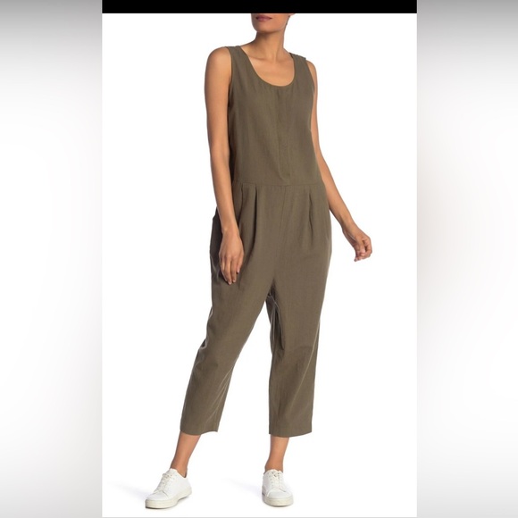 Eileen Fisher Organic Cotton Crepe Olive Slouchy Cropped Jumpsuit , size M - Picture 2 of 11
